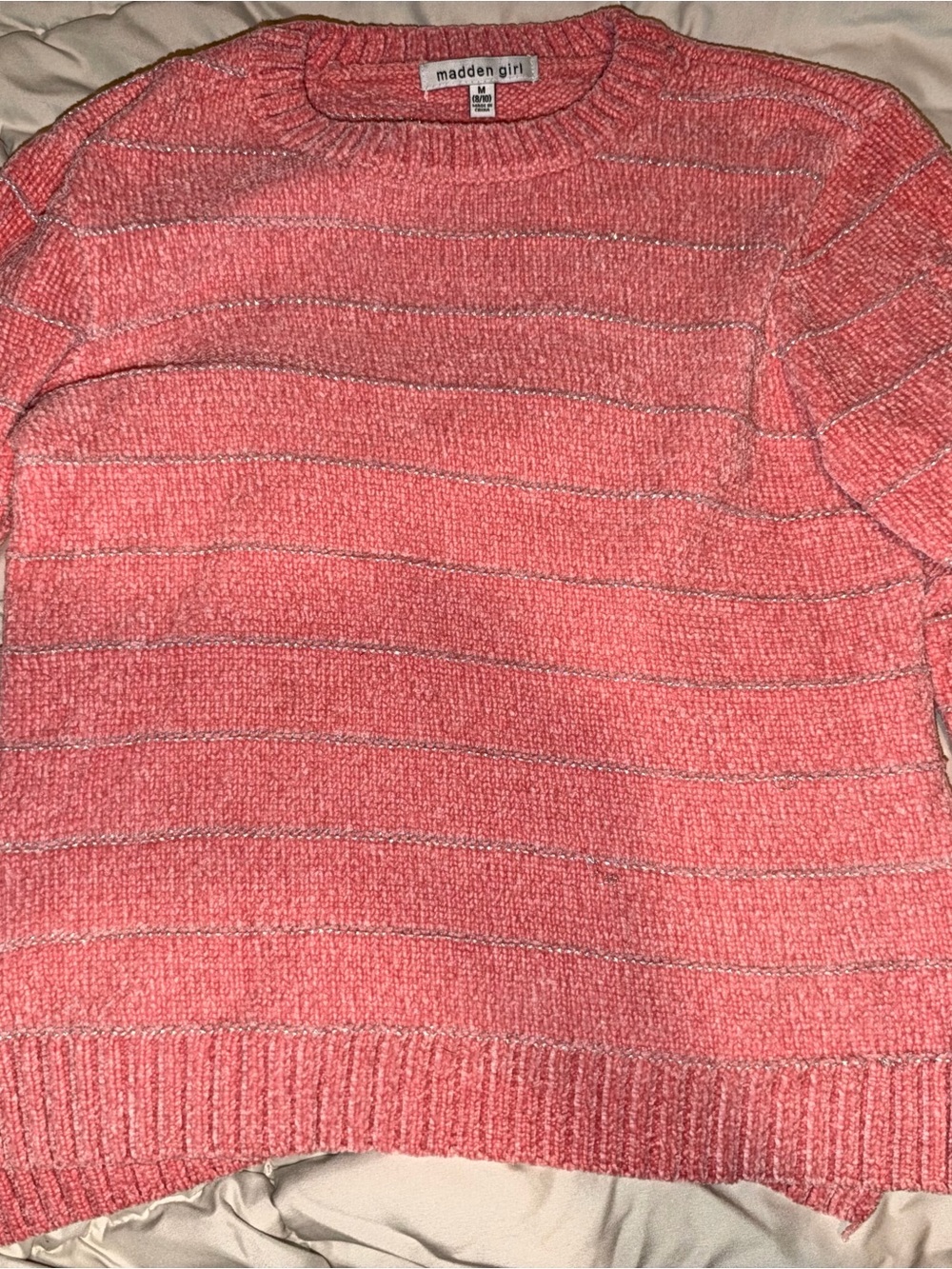 Madden Girl Coral Metallic-Striped Crewneck Sweater